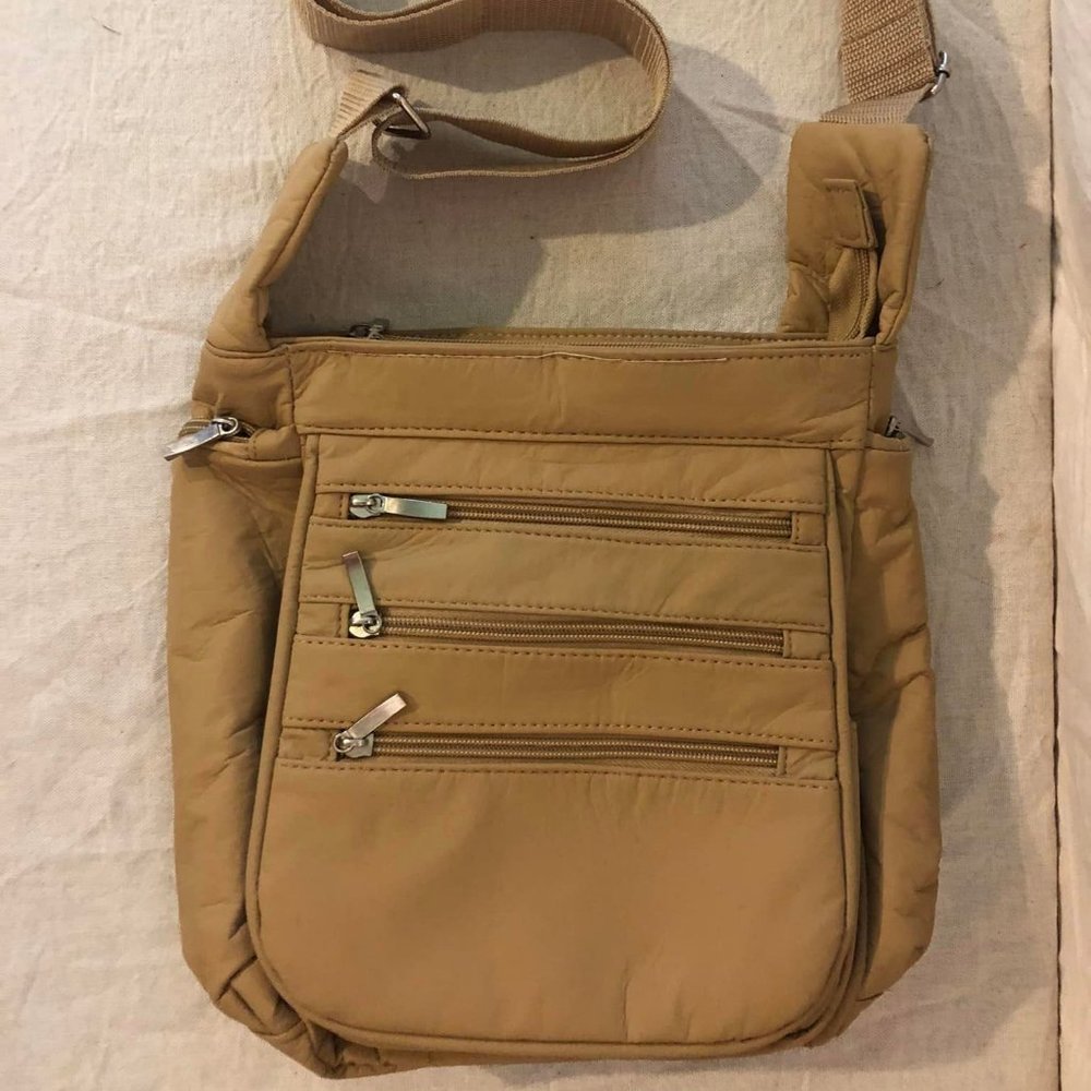 Wash & Wear Multi-Pocket RFID Tan Crossbody Organizer Day & Travel Bag